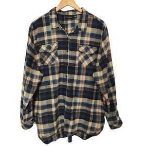 Burnside plaid button front long sleeve flannel shirt tan blue black orange XL